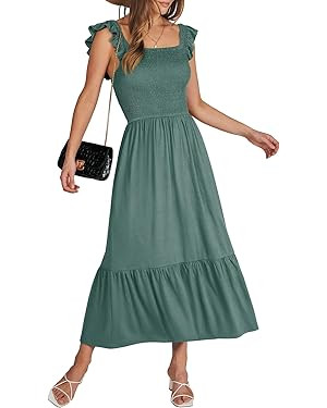 ANRABESS Women’s Square Neck Summer Casual Midi Dress Ruffle Strap Sleeveless Smocked Tiered Be... | Amazon (US)