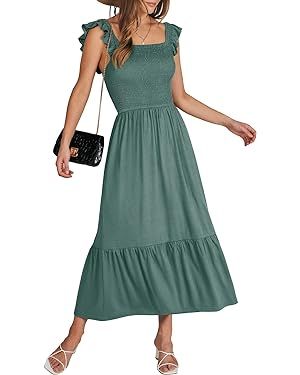 ANRABESS Women’s Square Neck Summer Casual Midi Dress Ruffle Strap Sleeveless Smocked Tiered Be... | Amazon (US)