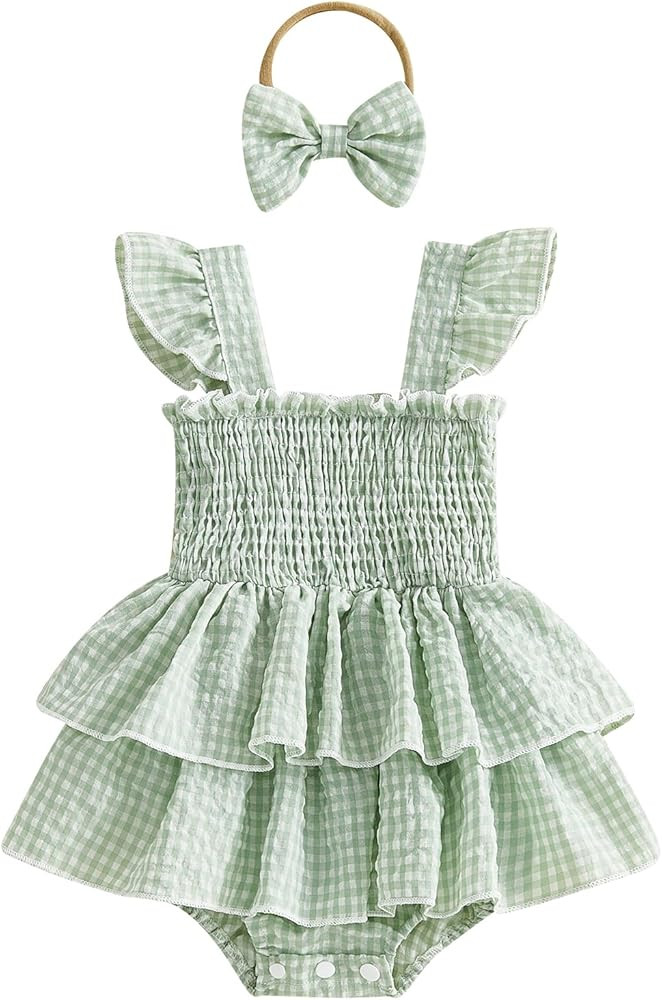 Douhoow Baby Girl Plaid Romper Flying Sleeve Ruffle Baby Dress Romper Infant Girl Summer Clothes ... | Amazon (US)