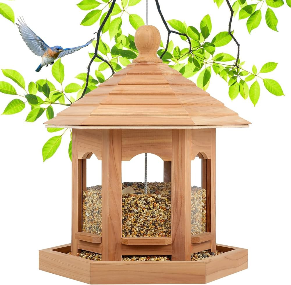 Wooden Bird Feeder for Outdoors Hanging, Red Cedar Hexagon Shaped Large Capacity, Cardinal Birdfe... | Amazon (US)