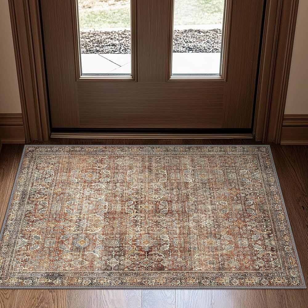 Area Rug 2x3 Machine Washable Boho Vintage Distressed Print Thin Chenille Small Ultra-Thin Entryw... | Amazon (US)