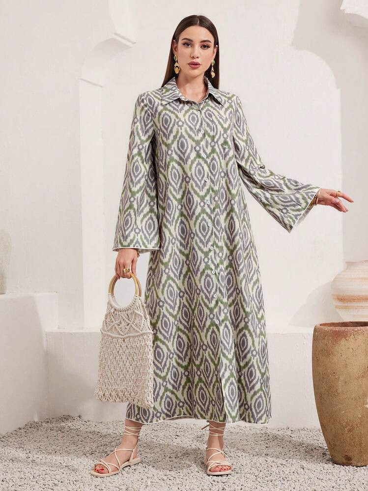 Al Najma Dames Losse Pasvorm Casual Bescheiden Lange Mouw Jurken Met Knoopjes En Overall Print | SHEIN