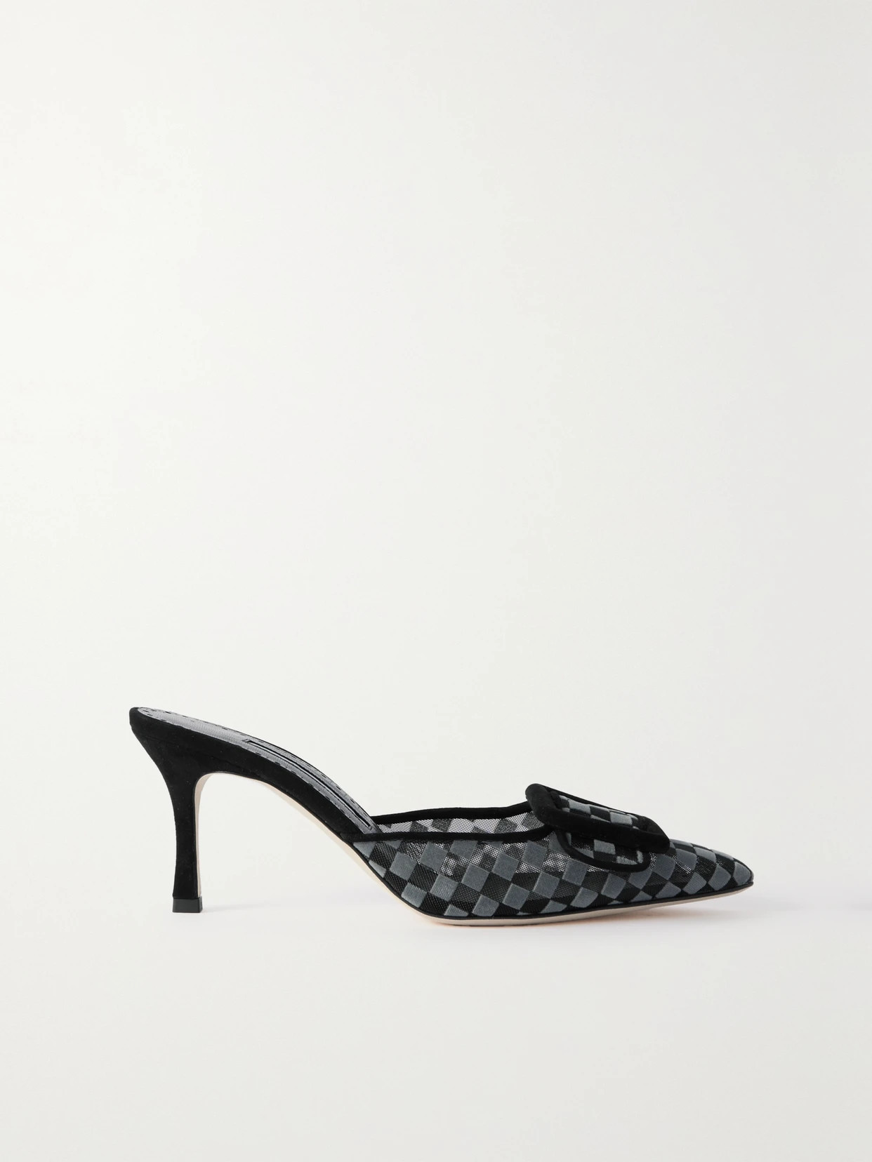 Manolo Blahnik - Maysalebi 70 Buckled Checked Suede And Mesh Mules - Black | NET-A-PORTER (US)
