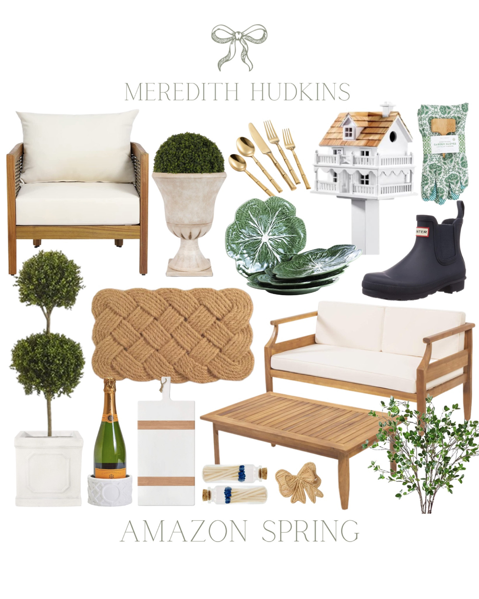 Spring Home Decor, outdoor furniture, hunter rain boots, serving, entertaining, hostess, spring, summer, doormat, cutting board, serving board, charcuterie board, faux greenery, topiary, birdhouse, outdoor chair, outdoor sofa, dinnerware, flatware, napkin rings, preppy, classic, timeless, grand millennial, sage, flower pot, Chloe and cotton, bamboo flatware, bottle coaster, cabbage green dinner plates, planter, boxwood gardening gloves

#LTKsalealert #LTKhome #LTKunder100