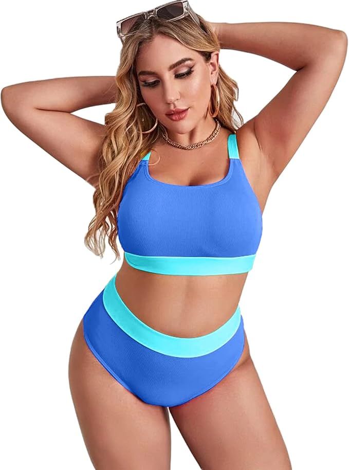 ZINPRETTY Plus Size High Waisted Bikini Set Womens Swimsuit Cheeky Two Piece Sports Color Block B... | Amazon (US)