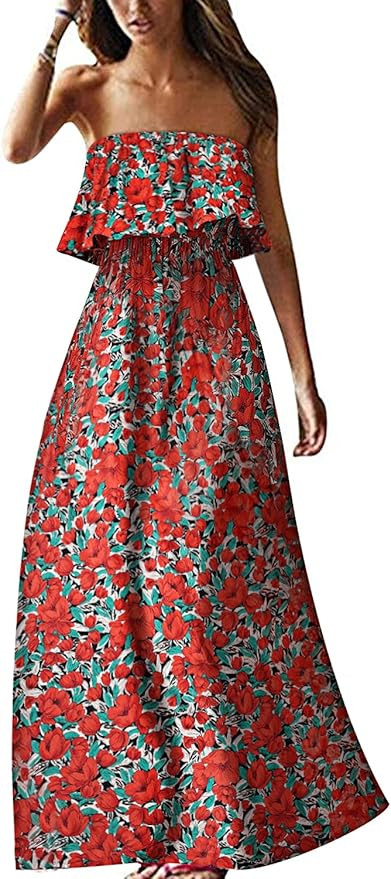 Yidarton Women Summer Blue and White Porcelain Strapless Boho Maxi Long Dress | Amazon (US)