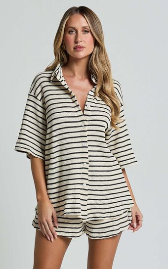 Dylan Two Piece Set - Striped Waffle Shirt and Short Set in Black & Cream Stripe | Showpo (US, UK & Europe)
