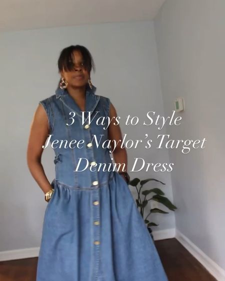 Target denim dress Jenee naylor collection gold button detail Nike blazer basket weave bag statement earrings 

#LTKSaleAlert #LTKStyleTip #LTKFindsUnder50