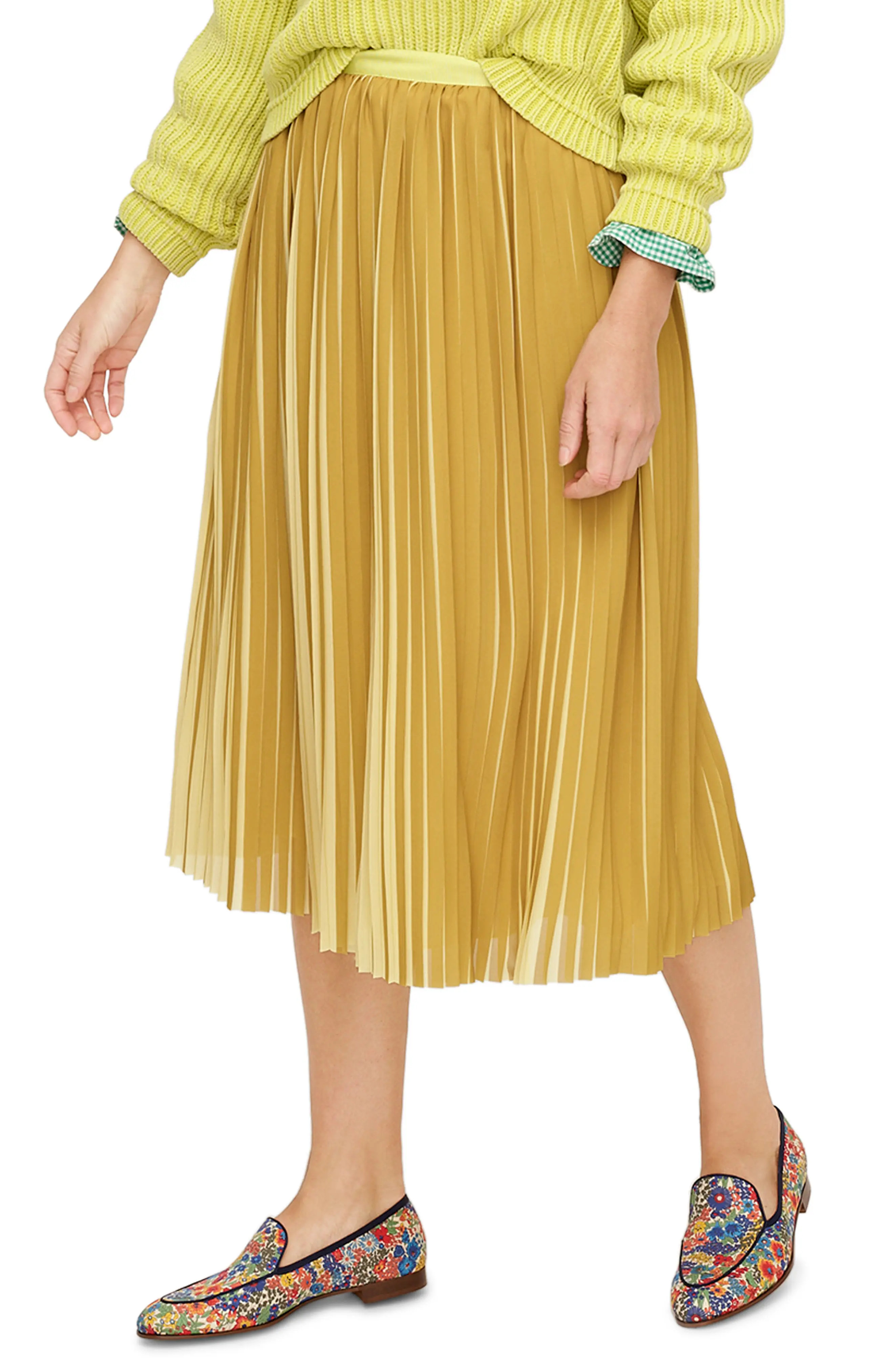 Women's J.crew Peekaboo Stripe Pleated Midi Skirt, Size 14 - Yellow | Nordstrom