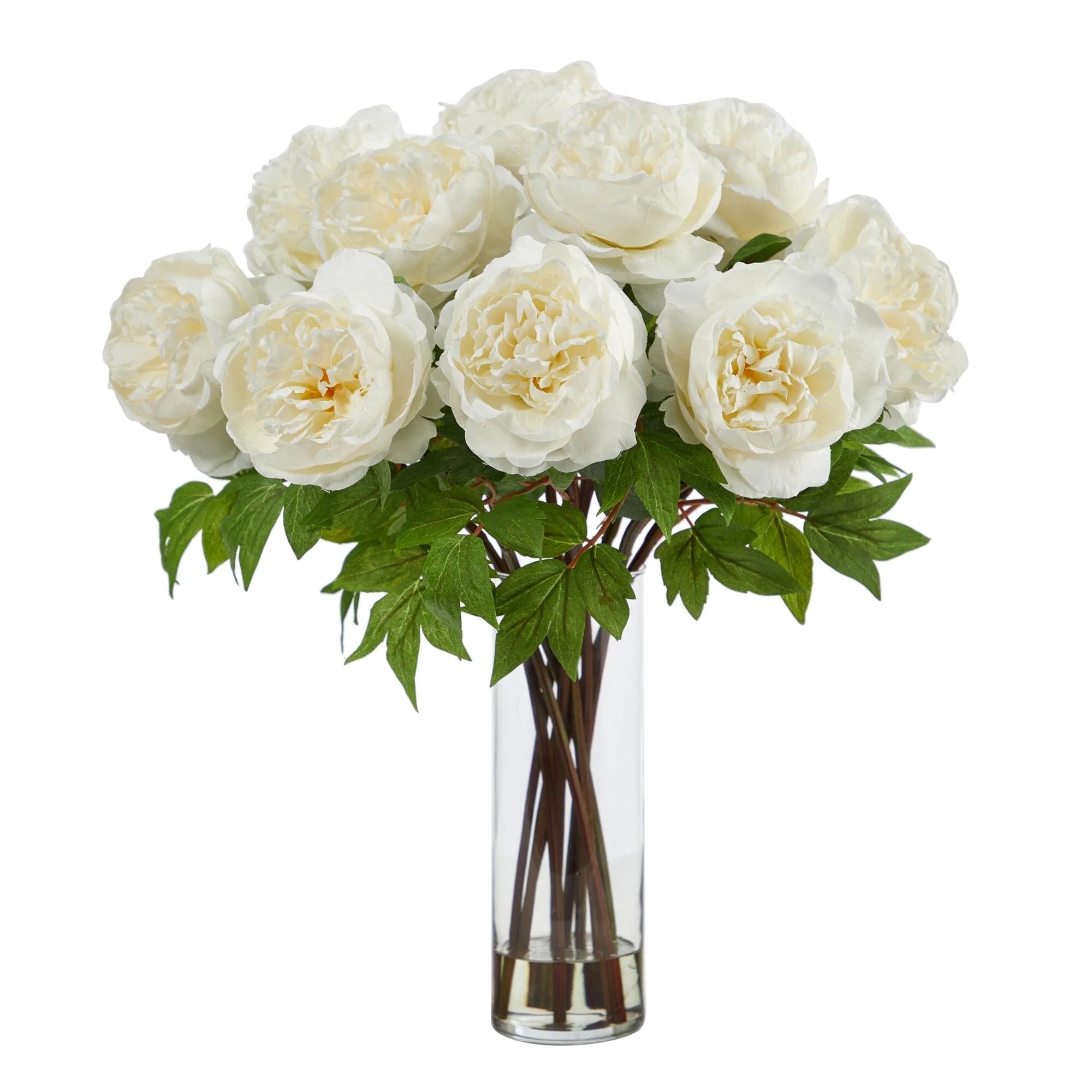 22” Artificial Peony Arrangement with Cylinder Glass Vase | Nearly Natural | Nearly Natural