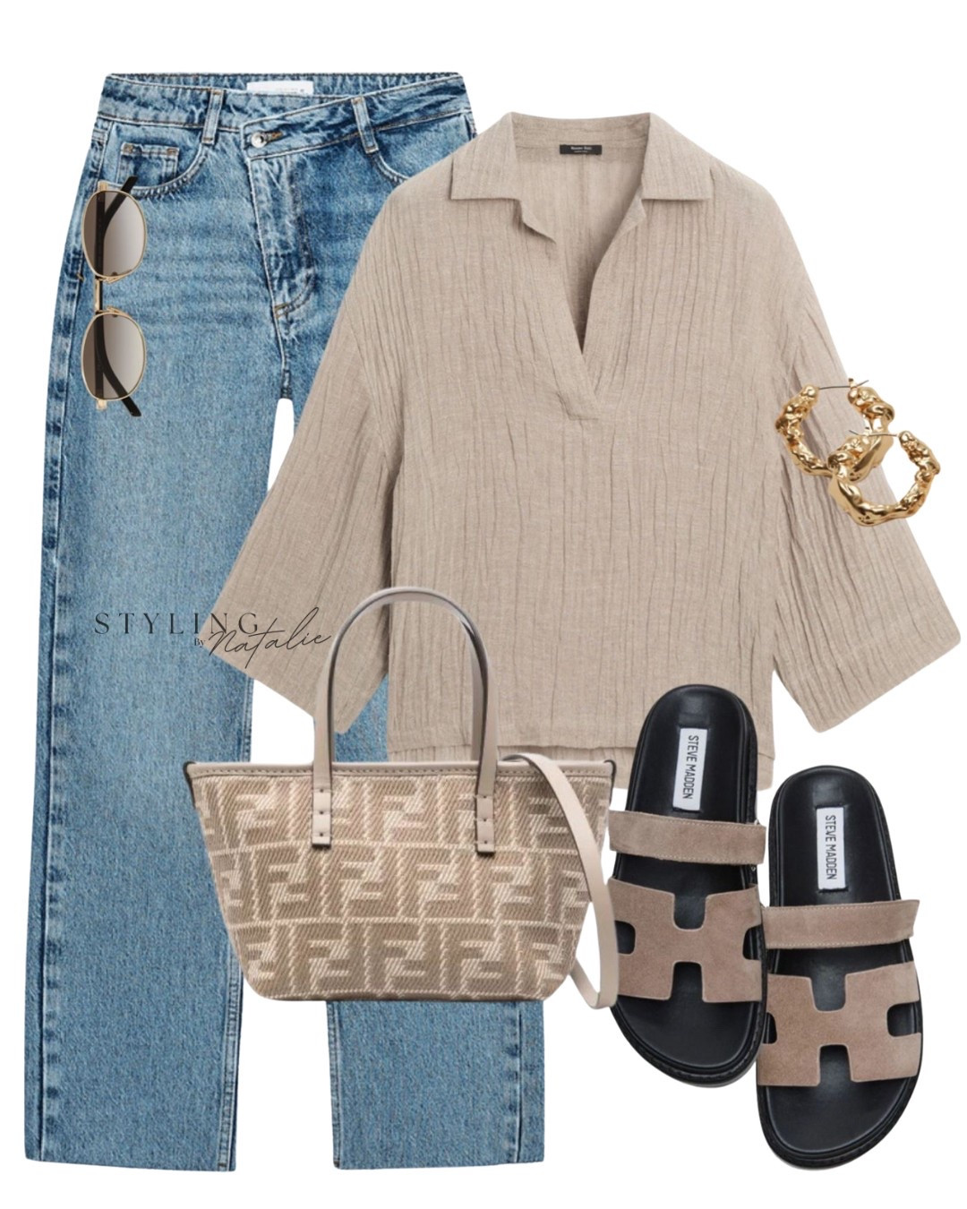 Casual Summer Look 
Linen top, high waist straight leg jeans with crossed waistband, chunky sandals, Fendi tote, gold earrings and sunglasses. 
Everyday outfit, brunch outfit, casual chic, summer trends. Zara, Hermes.

#LTKstyletip #LTKuk #LTKmodest