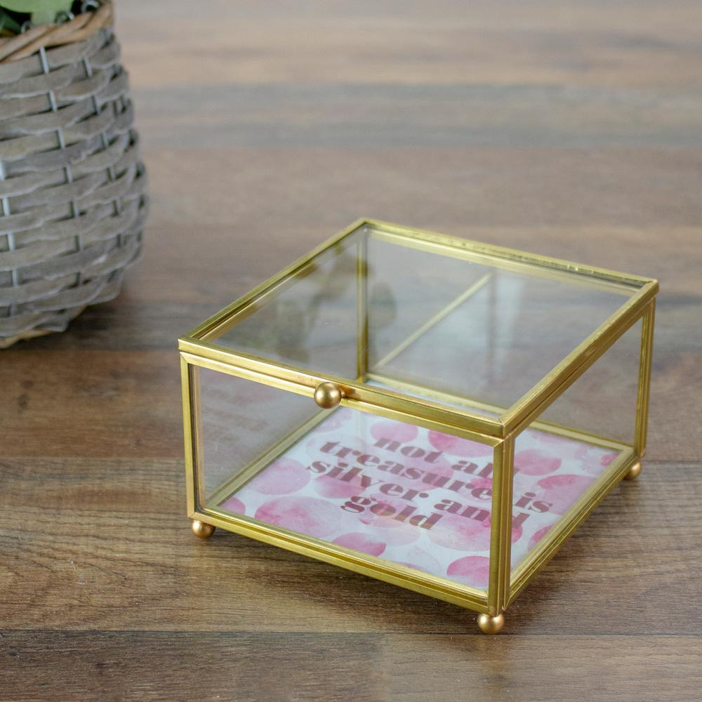 Avon 4.25 in. Gold with Lid Glass Keepsake Box, Pink | The Home Depot