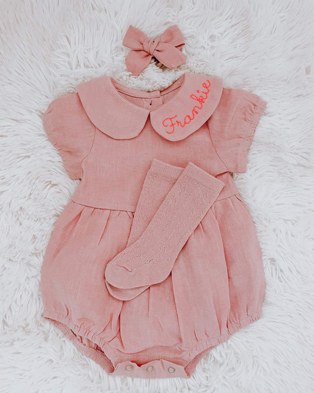 Personalized Baby Bubble Romper With Name Embroidery + Matching Bow & Socks | Linen Baby Outfit |... | Etsy (US)