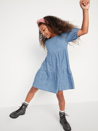 Tiered Puff-Sleeve Jean Dress for Girls | Old Navy (US)