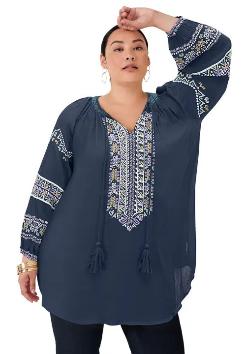 June + Vie Embroidered Peasant Blouse in Navy Boho Embroidery at Nordstrom, Size 16 | Nordstrom