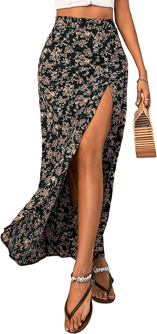 Verdusa Women's Sexy Boho Floral Split Thigh High Waist Swing Midi Skirt | Amazon (US)