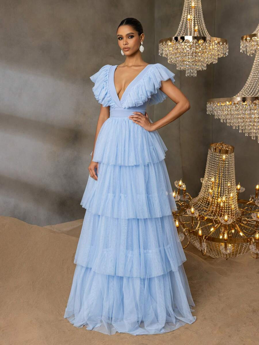 Deep V-Neck Evening Gown With Ruffled Flared Sleeves & Tiered Tulle A-Line Hem Women's Formal Wed... | SHEIN