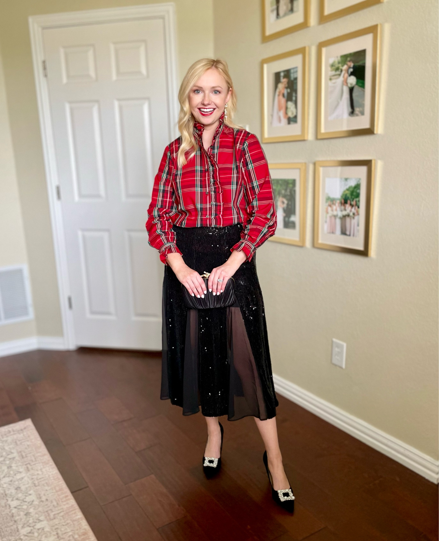 Wearing an XS in skirt and 0 in top | sequin skirt, midi skirt, tartan shirt, holiday outfit, holiday party outfit, Christmas outfit 

#LTKHoliday #LTKSeasonal #LTKstyletip