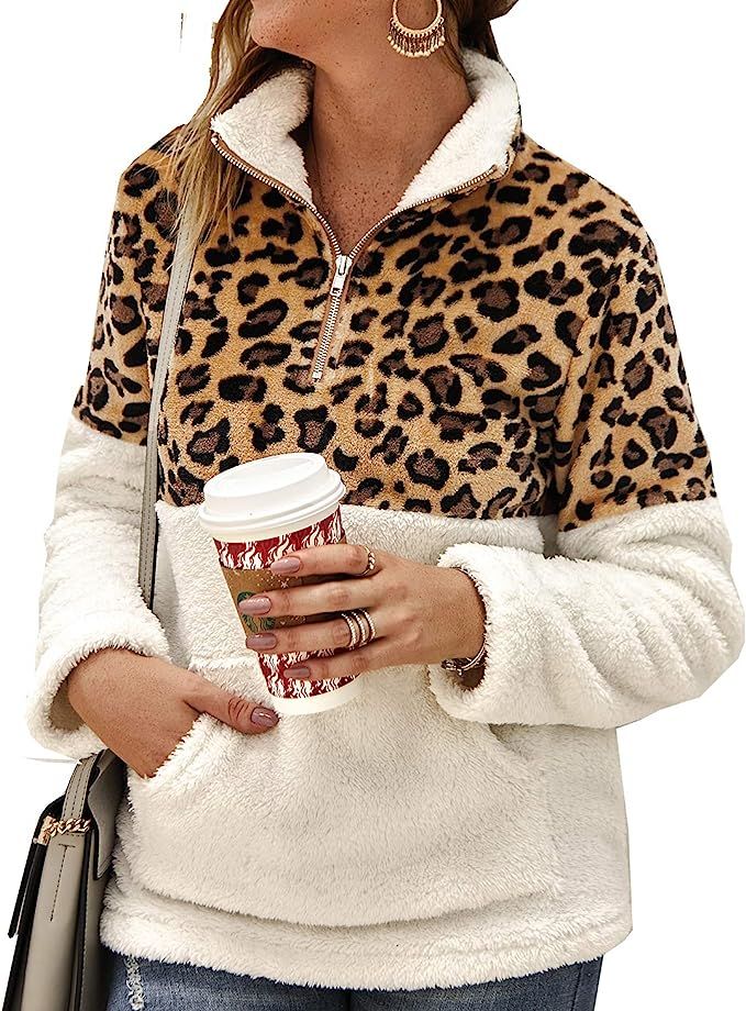 PRETTYGARDEN Women’s Leopard Print Long Sleeve Pullover Color-Block Lapel Zipper Sherpa Fleece ... | Amazon (US)