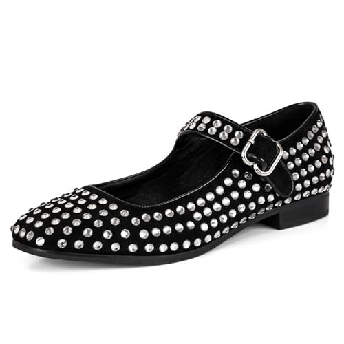 DOEYG Rhinestone Flats for Women Sparkly Mary Jane Flats Square Toe Mary Janes Ballet Shoes Dressy Studded Buckle Ballet Flats with Straps Casual Comfortable Chunky Low Heel Ballerina Shoes Black | Amazon (US)
