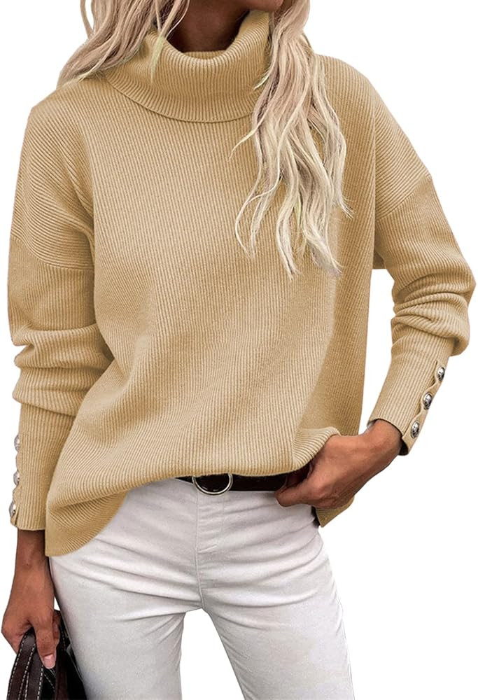 Koinshha Women's Turtle Cowl Neck Long Sleeve Sweater Button Oversized Chunky Knit Pullover Sweaters | Amazon (US)