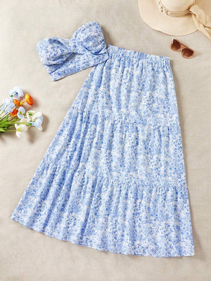 SHEIN WYWH Floral Printed Bandeau Top And Skirt Vacation 2pcs Suit | SHEIN