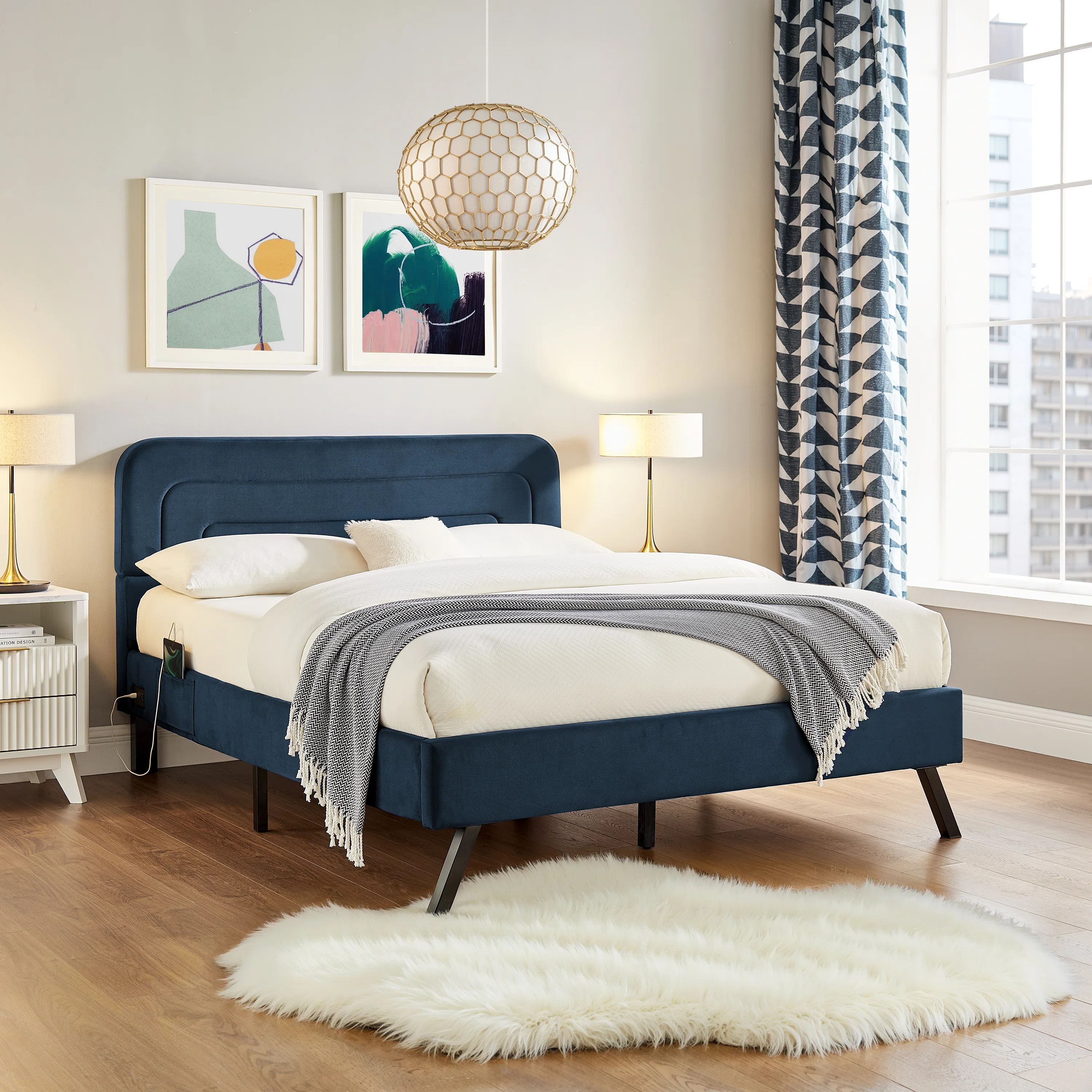Alma Queen Size Upholstered Bed Frame 63.1 x 86.5 Modern Boho USB A C Power Storage Pockets Velve... | Wayfair North America