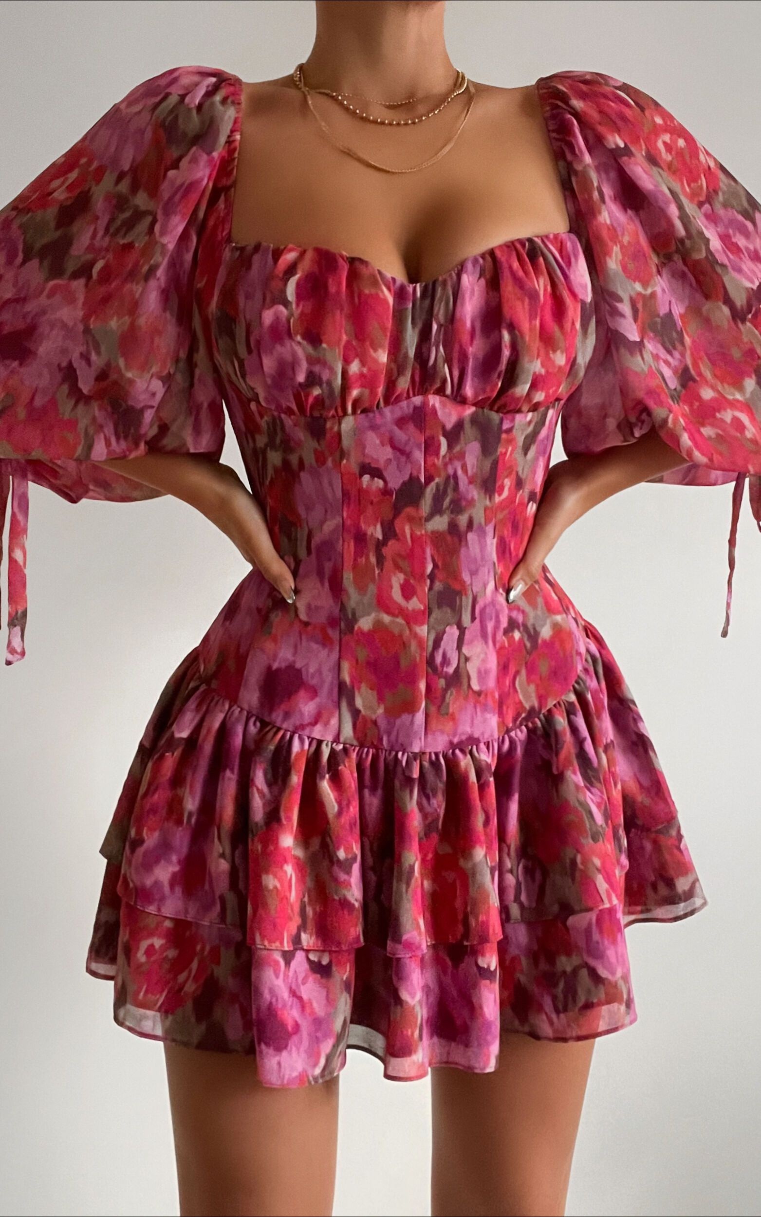 Clabelle Mini Dress - Puff Sleeve Tiered Ruffle Hem Sweetheart Dress in Violette Blur Floral | Showpo (US, UK & Europe)