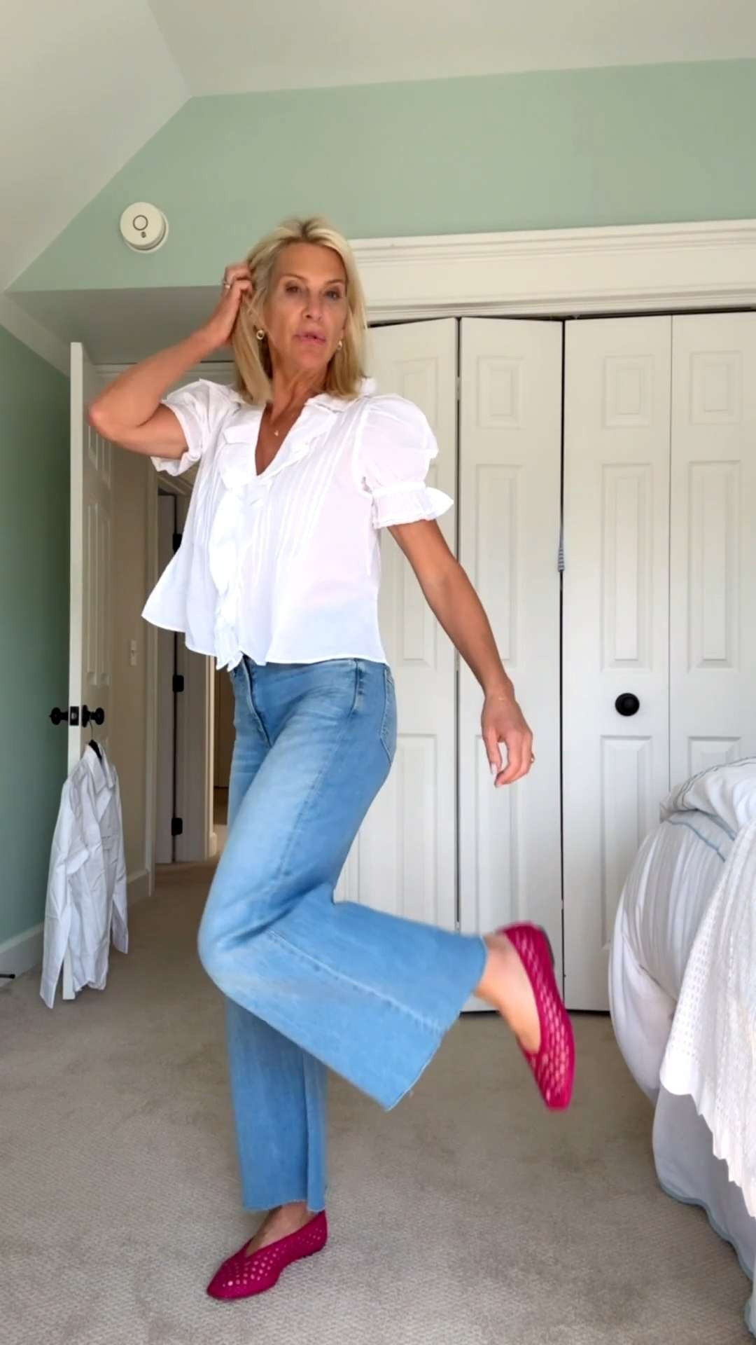 Feminine Ruffle Blouse Outfit | Cute Everyday Look with Wide Leg Jeans.  

 #LTKootd #LTKSeasonal #LTKOver40
