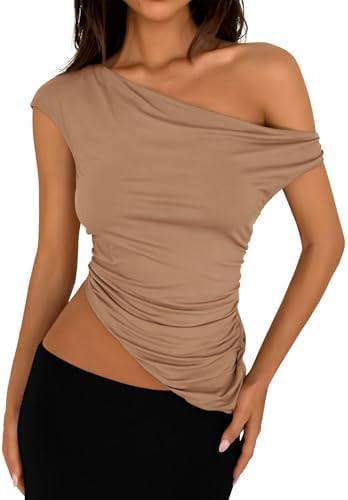 PRETTYGARDEN Womens 2026 Summer Off The Shoulder Crop Tops Sleeveless One Shoulder Ruched Asymmet... | Amazon (US)