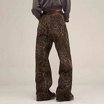 Amotee Leopard Jeans Unisex Casual Pants Jeans Leopard Print Hip Hop Wide Leg Straight Pant with ... | Amazon (UK)