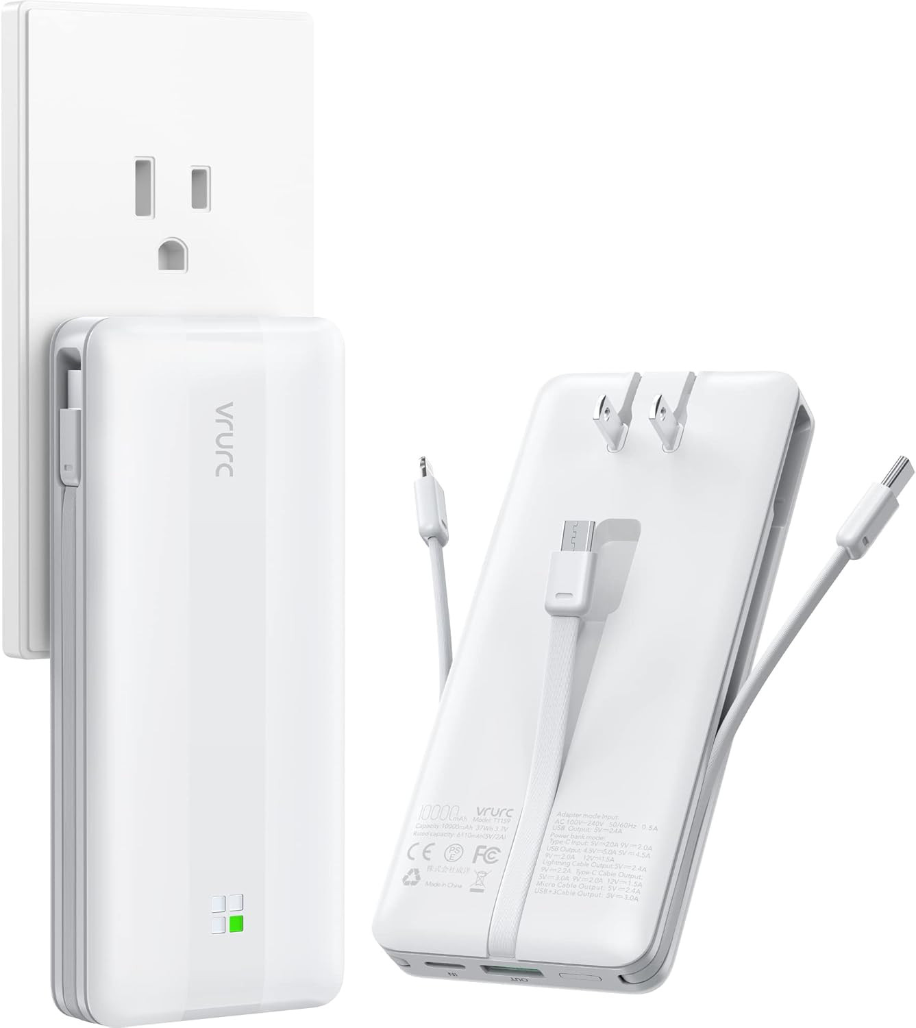 VRURC Portable Charger, 22.5W Fast Charging Power Bank with Built-in Cables & AC Wall Plug, 10000... | Amazon (US)