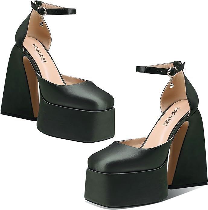 Goiphrri Black Platform Heels for Women Sexy Chunky Block Heel Pumps Shoes Women Square-Toe Penny... | Amazon (US)