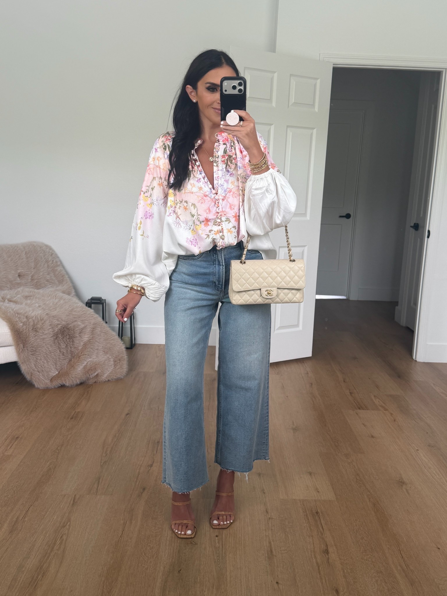 Petal & Pup Tiarna Floral Print Shirt wearing size small. Pistola Jeans
