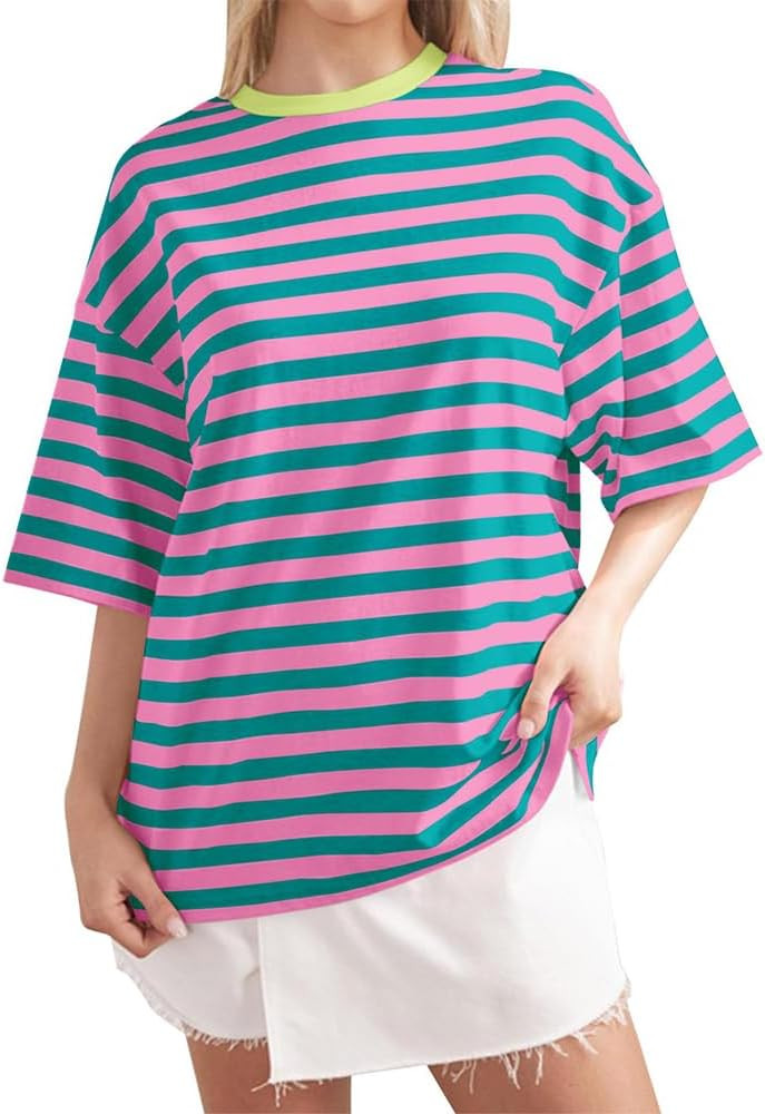 Women Oversized Striped Color Block Shirt Short Sleeve Crew Neck T-Shirts Casual Loose Pullover T... | Amazon (US)
