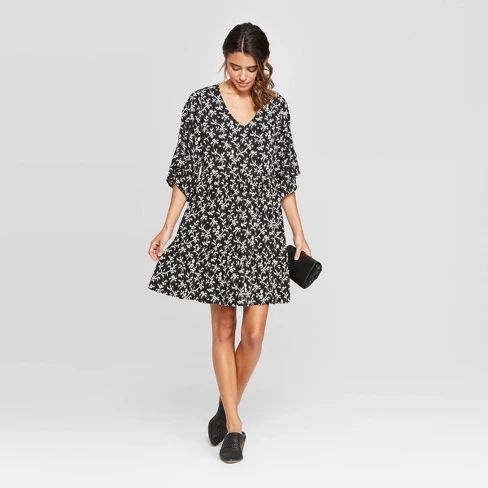 Women's Flutter 3/4 Sleeve V-Neck Mini Tiered Babydoll Dress - Universal Thread™ Black | Target