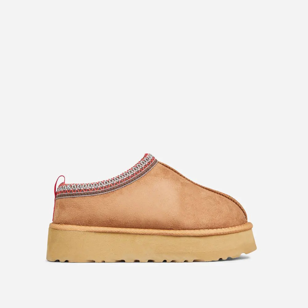 Tazmin Aztec Detail Faux Fur Lining Platform Slipper In Chestnut Faux Suede | EGO Shoes (US & Canada)