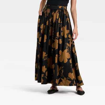 Women's Voluminous Maxi A-Line Skirt - A New Day™ Black/Brown Floral | Target