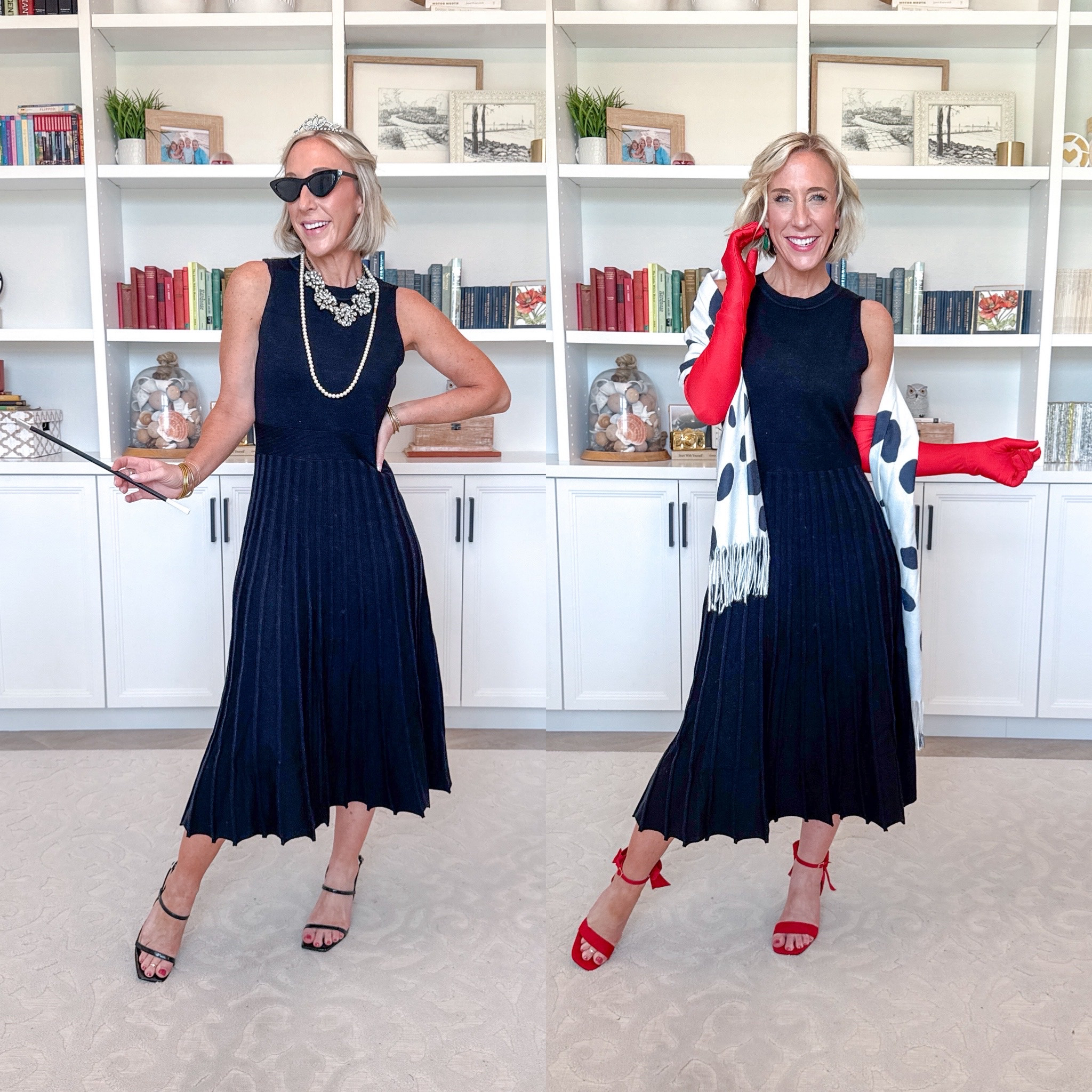 Halloween ‘Costumes’ - with regular clothes - part 2: (some of these items are old, so I am linking what I can or linking similar items) Holly Golightly: black dress - size small // black heels - tts. Cruella De Vil: black ribbed midi dress - size small // red heels - tts.