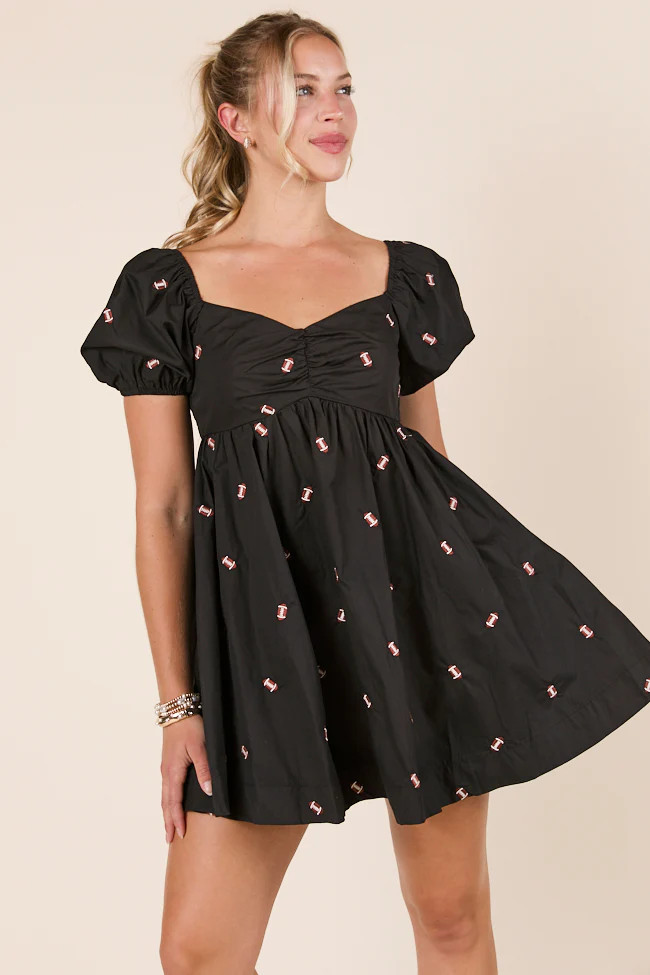 Linsy Black Football Puff Sleeve Mini Dress | Pink Lily