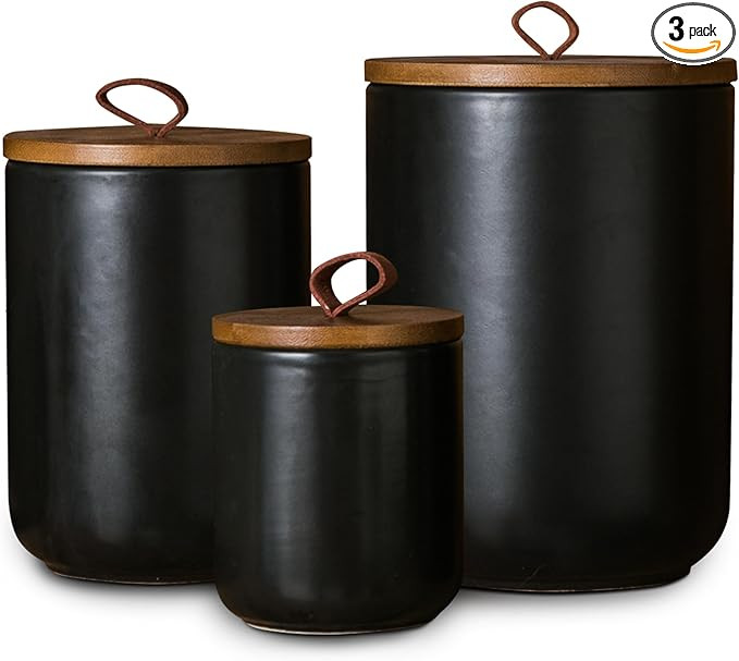 JOJUNO Black Ceramic Canister Set with Wooden Lid, 3-Piece Airtight Food Storage Jars for Kitchen... | Amazon (US)