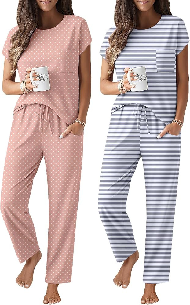 Ekouaer 2 Packs Pajamas for Women Set Cap Sleeve Top and Pants Soft Sleepwear Comfy Pjs Set with ... | Amazon (US)