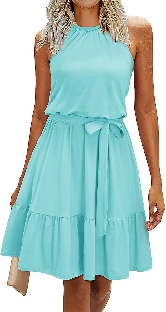 Newshows Womens 2026 Summer Dress Halter Wedding Guest Casual Beach Vacation Outfits Belted Sundr... | Amazon (US)