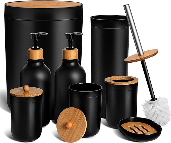 Black Bathroom Accessories Set 8 PCS, Matte Black Bathroom Accessory Sets Complete with Trash Can... | Amazon (US)