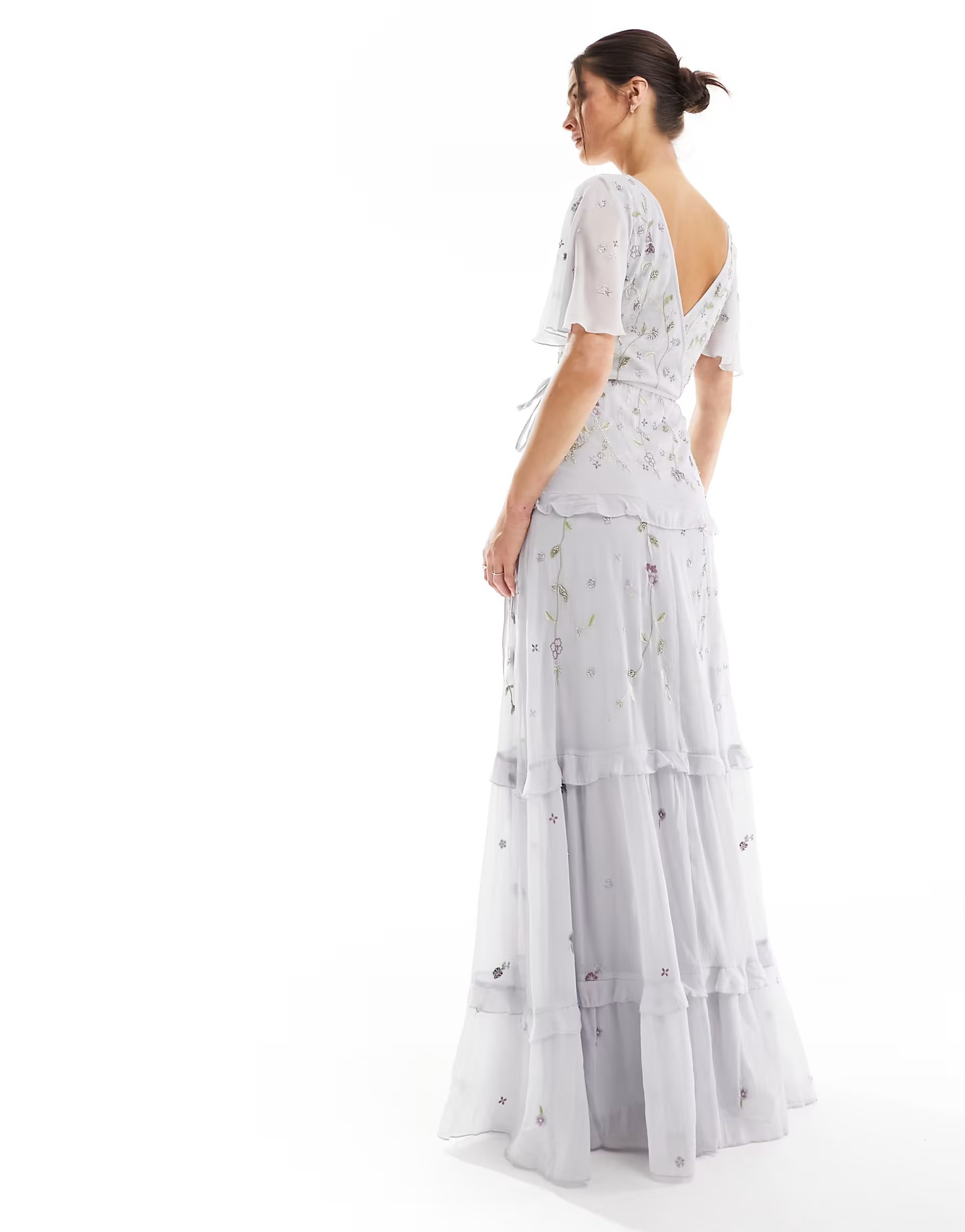 ASOS DESIGN Tall Bridesmaid flutter sleeve embellished wrap maxi dress with embroidery in  light ... | ASOS (Global)
