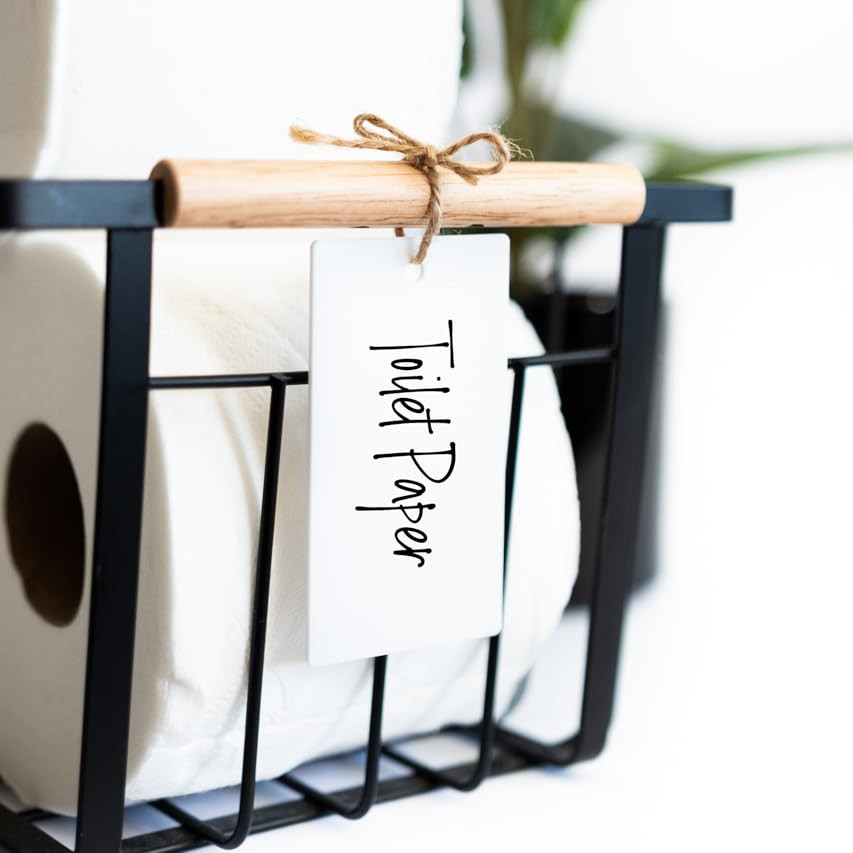 12 White Acrylic Basket Tags - Natural Jute Twine - Acrylic Organizer Hanging Labels for Storage Bin | Amazon (US)