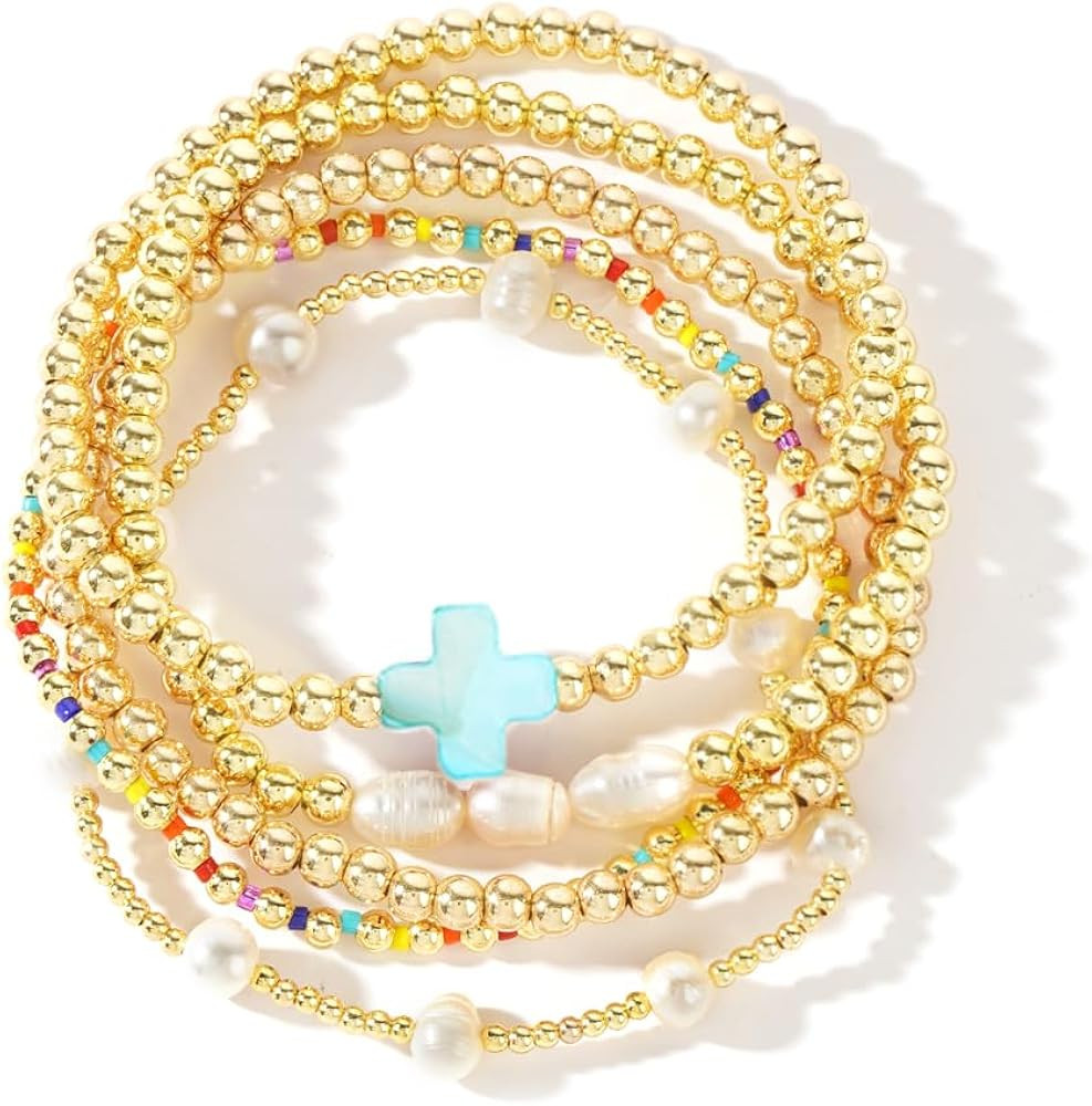 14K Gold Pearl Beaded Cross Bracelets Stack Set for Women,Stretch Boho Colorful Christian Beads B... | Amazon (US)