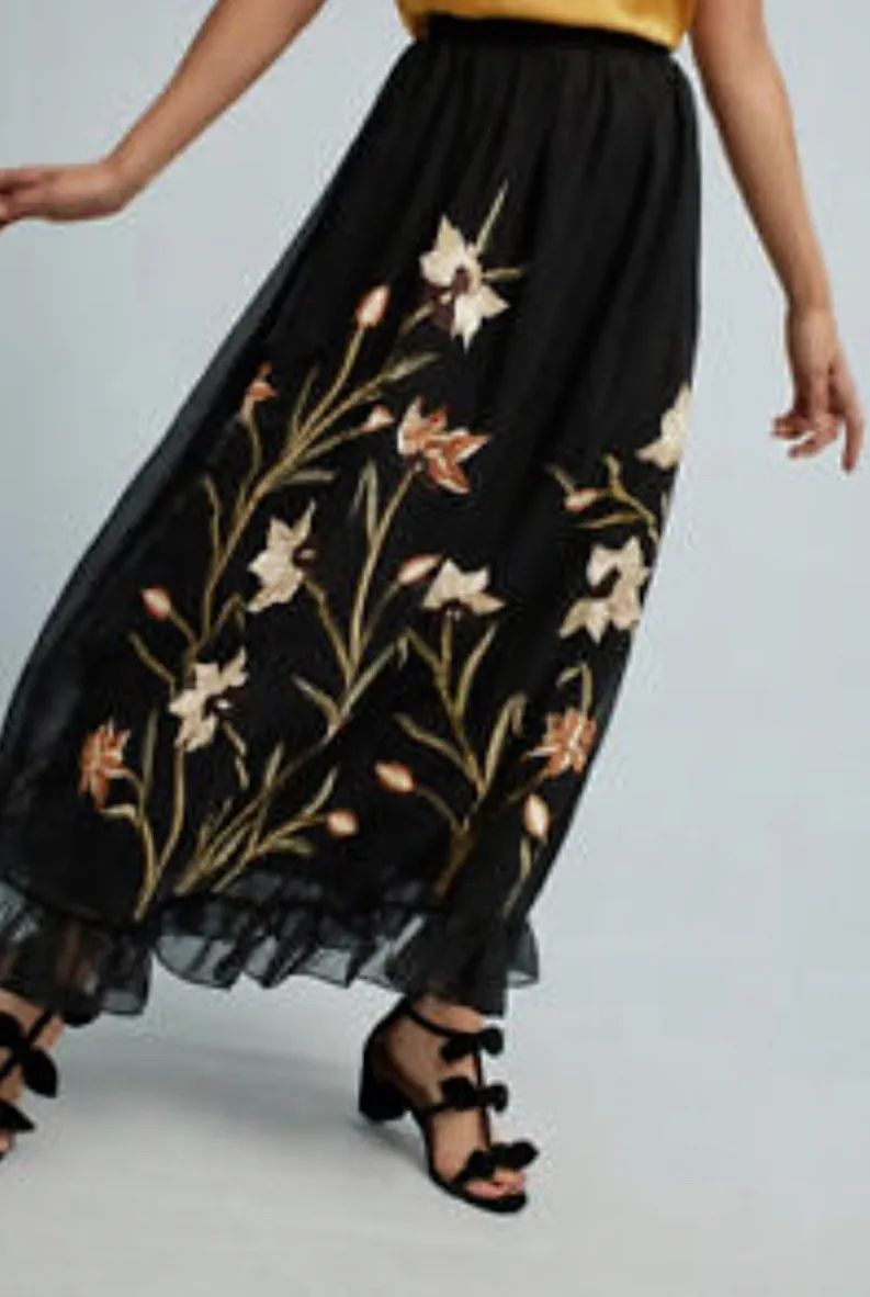 Anthropologie Flounced Maxi Skirt Floral Mix Print Black Green Ruffle Hem 6 NWT  | eBay | eBay US