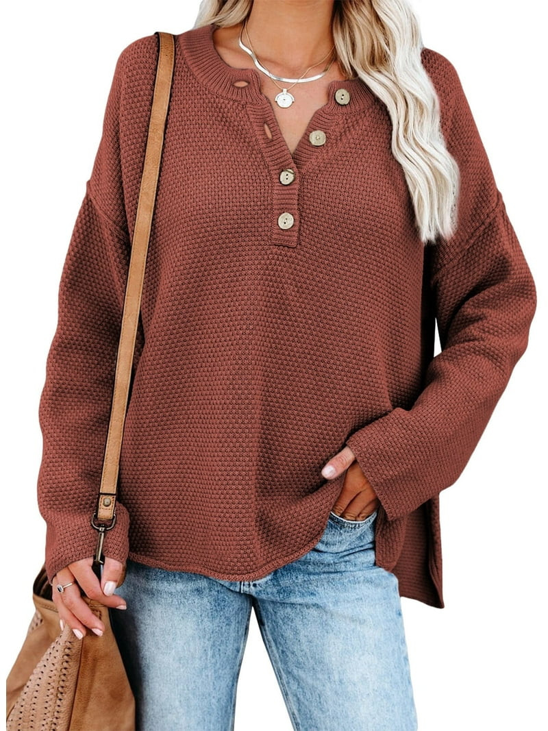 Aleumdr Womens Sweater Button V Neck Long Sleeve Lightweight Fall Pullover Tops 4 6 | Walmart (US)