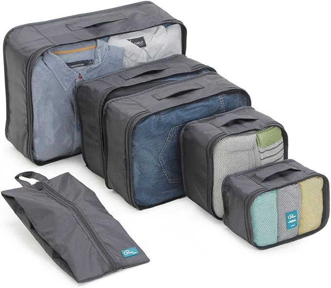 6 Set Packing Cubes-Large Capacity Travel Luggage Packing Organizers with Shoe Bag-Black | Amazon (US)